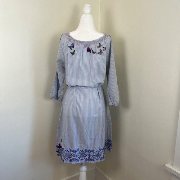 3J Workshop Johnny Was Striped Dress Embroidered S fit M Blue Milkmaid Floral - Picture 4 of 12